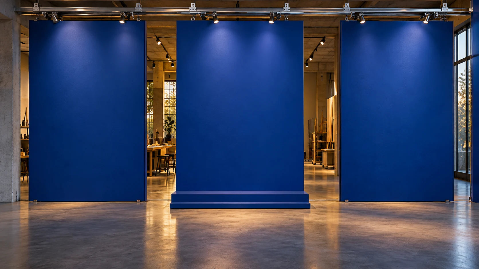 A cobalt gallery with sliding exhibition walls