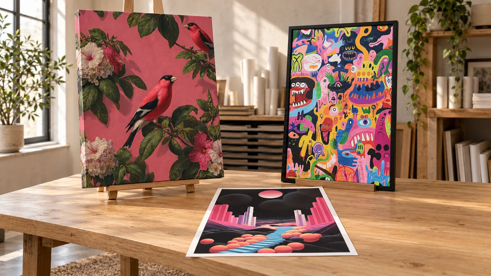Canvas, black-framed fine art print and unframed paper print arranged on an oak studio table